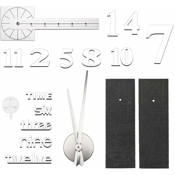 DIY Väggklocka, 3D DIY Tyst Väggklocka, Stor 3D Väggklocka, Modern Design, Akryl Väggklocka för Kontor, Vardagsrum, Sovrum - Silver