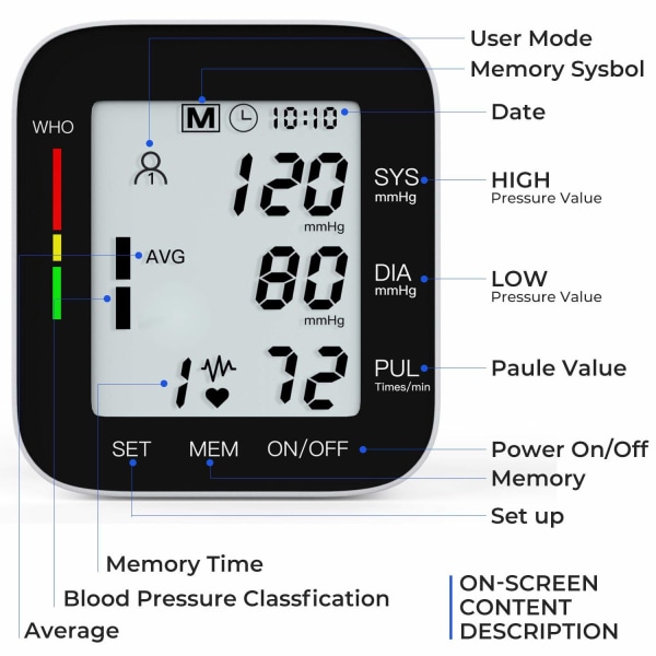 Blodtrykksmåler Automatisk håndledd - Bærbar LCD-skjerm - Uregelmessig hjerterytmemonitor - Batteridrevet - Svart