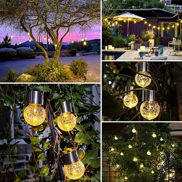 1 pakke julepynt lysekrone knitrende glas solcellelys udendørs vandtæt til have, gård, hegn, træer (varm hvid)
