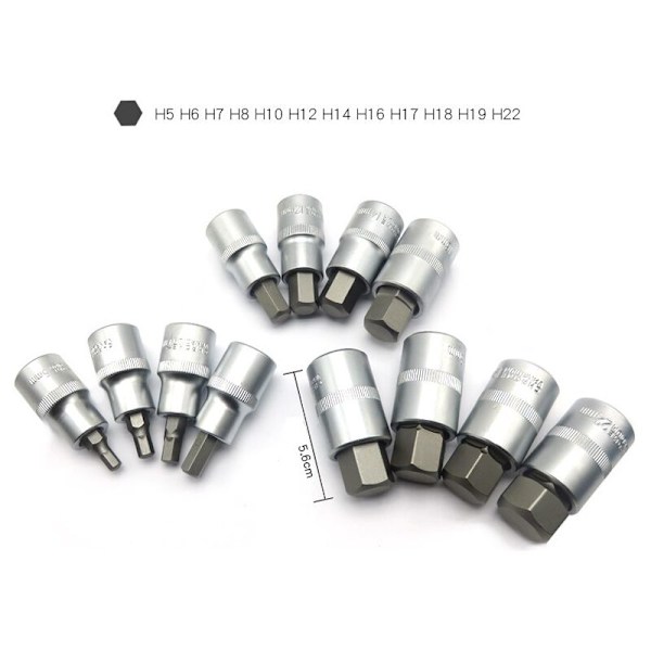 12-osainen kuusiokoloavaimen sarja, kuusiokolo 5, 6, 7, 8, 10, 12, 14, 16, 17, 18, 19, 22 mm, muovisella säilytyslaatikolla, 12,5 mm (1/2 tuumaa)