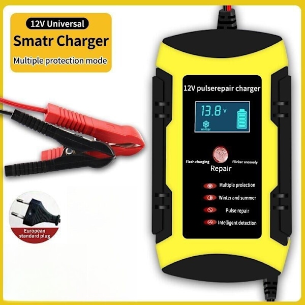 Bilbatterilader 12V/6A Batterilader Multifunksjonell Lader Batterilader med Intelligent Digitalt Display for Bil, Gressklipper, Motorsykkel,