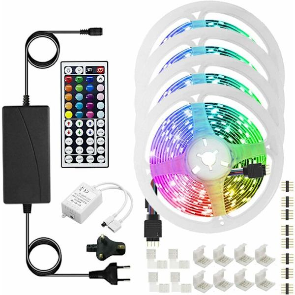 20m RGB LED-stribe, Dæmpbar Bluetooth LED-lysstribe med App-styring, 44-knaps fjernbetjening, Timerindstilling, Musiktilstand, 24V LED til stue