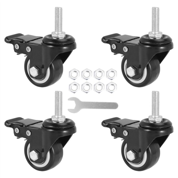 Stammehjul, sett med 4 1,5 tommers hjul med brems, kraftige hjul med muttere, støydempende hjul for vogner, arbeidsbenk