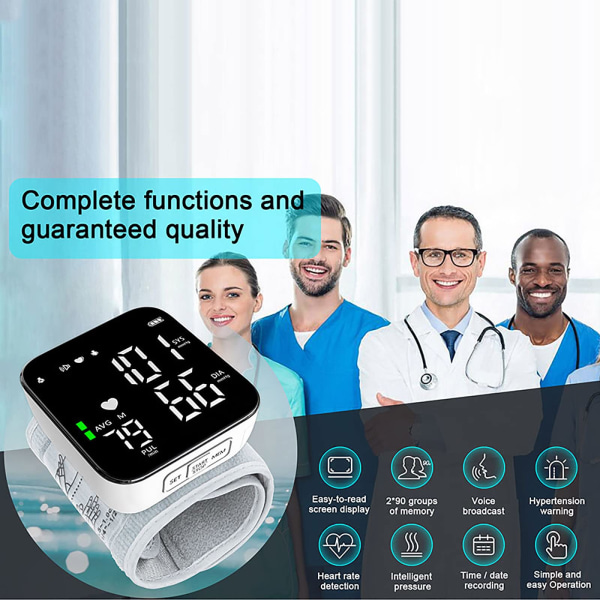Digital blodtrycksmätare för handleden - Automatisk med stor skärm, 2 användare, 180 läsminne, lämplig för hemmabruk (svart, USB)