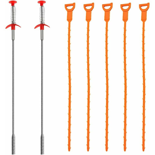 Pakke med 7 Ferret Unblockers, 20 tommer / 60 cm afløbsrensere, hårrengøringsværktøjer, 2 rustfrit stål og 5 plastik