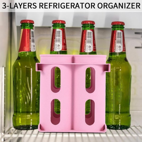 Kjøleskapsarrangør, 3-lags kjøkkenhylleoppbevaringshylle, for ølboks, vinflaske, kjøleskapsoppbevaringshyller, rosa