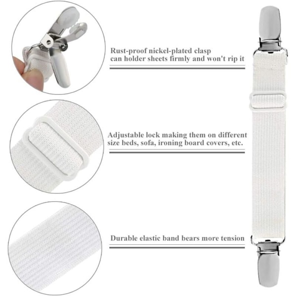 Elastisk lakansträckare, justerbar fästrem för lakan, soffa, strykjärnsöverdrag (vit, 4-pack)