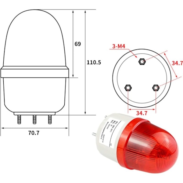 LED-strobelyssignal 220V AC/3W, LED-blinkende frontlyktalarmvarsellys, boltmontert, diameter 75 mm