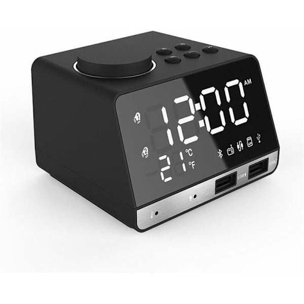 LED Dubbel Alarmklocka Spegel Klockradio Högtalare för Badrum Bas Trådlös Bluetooth + USB-port + FM Svart Svart