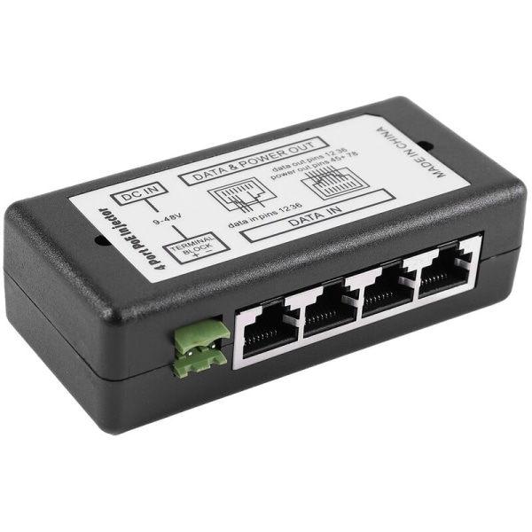 4-porters PoE-strømadapter PoE-injektor Ethernet-strømadapter Pin 4.5()/7.8(-) DC12V-DC48V inngang for IP-kamera