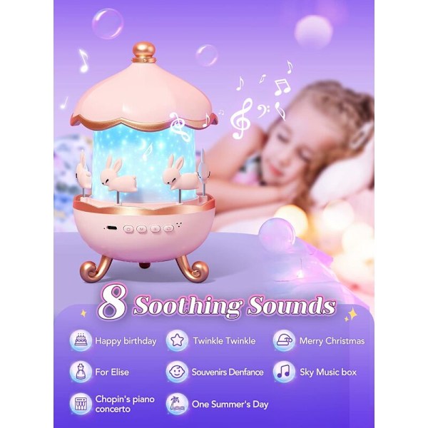 Baby Natlampe Stjernehimmel Projektor, 8 Musikalske og Lysende Natlamper, Børnenatlampe 360° Rotation + 6 Temaer + Fjernbetjening