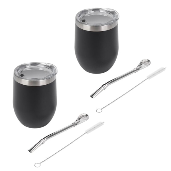 2X Rustfritt Stål Yerba Gourd Mate Te Sett Dobbelvegget Kopp Svart