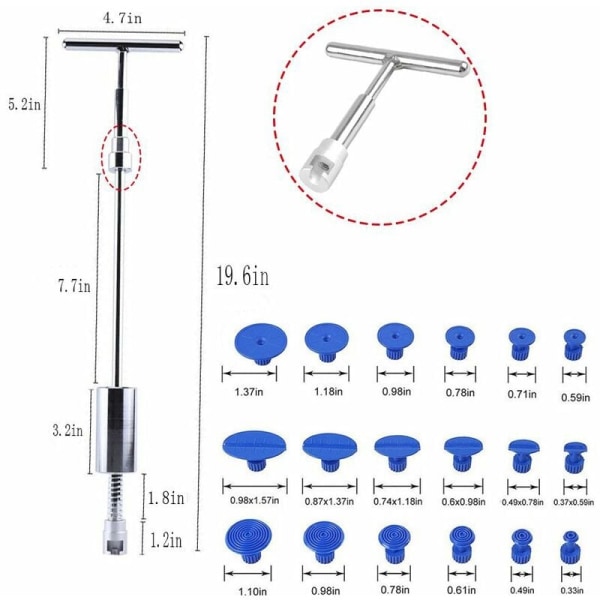 19 st Slide Hammer, Lackskada borttagning av bucklor Lackfri bilborttagning verktyg T-typ buckla dragare, Slide Hammer Bar