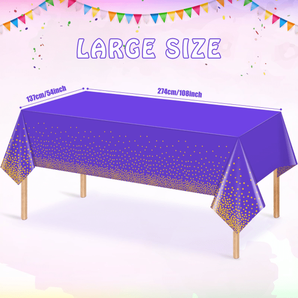Paket med 12 lila engångsdukar för fester, lila och guldprickiga konfettidukar för rektangulära bord