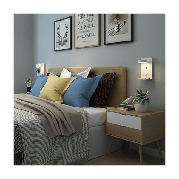 Indendørs LED væglampe med switch og USB-interface, 12W - Tricolor dæmpbar natlampe, 90° justerbar væglæselampe med bakke - Hvid