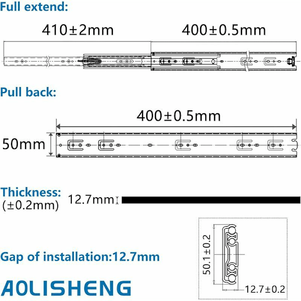 -Raskaat laatikoiden liukukiskot 400 mm, täysin ulosvedettävät kuulalaakeriliukukiskot, kantavuus 68 kg 1 pari