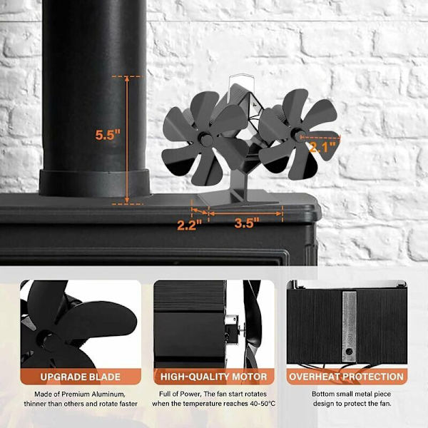 Ovnventilator 12 Varmedrevet Brændstofbesparende Lys - Pejs Ovnventilator, til Træovn/Pejs/Log/Gas/Pelletovn