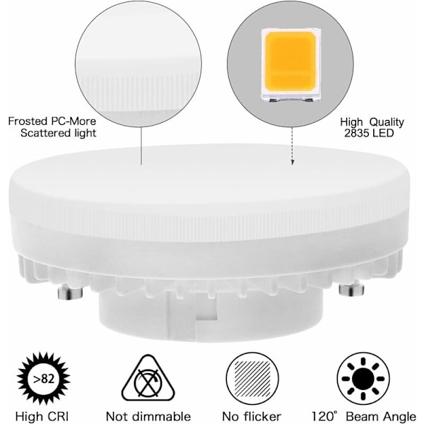 GX53 LED-lamppu 7W 3000K, Lämmin valkoinen, Ei himmennettävä Gx53-valaistus, Ei välkkymistä, Korvaa 50W halogeenilamput GX5.3 tai CFL 9W 13W lampun, 560 lumenia, Kulma 12