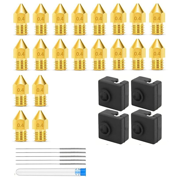 3D-printerdyser 0,4 mm MK8 3 dyser 20 stk. med 4 silikoneovertræk til opvarmning, til 3 V2 med 5 nåle