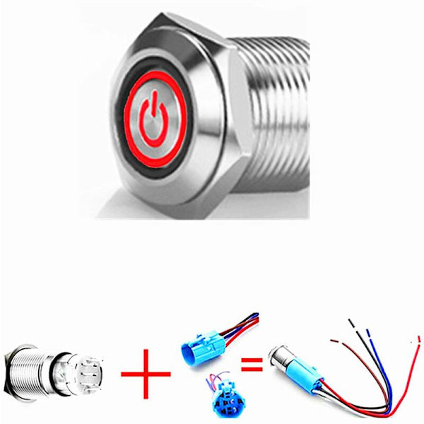 Biltuta Knappomkopplare 12V Ström Ljus Låsande Tryckknapp 16mm Röd Vattentät Metall LED Momentan Tryckknapp
