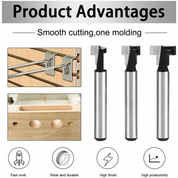 3PCS T-spårfräs, T-spårfräs Formfräsar, 3 st (7,93/9,52/12,7 mm) Fräsverktygsskaft med blad Träbearbetningsfräsar för Power T