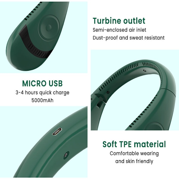 Bladløs Halsventilator Foldbar USB Genopladelig 5000 mAh Batteri til Hjem, Kontor og Udendørs Grøn
