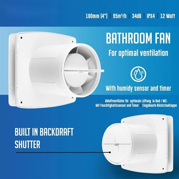 Badrumsfläkt 100mm med Timer, Fuktsensor och Backventil 95m³ / Tyst Luftutdragare / Vit