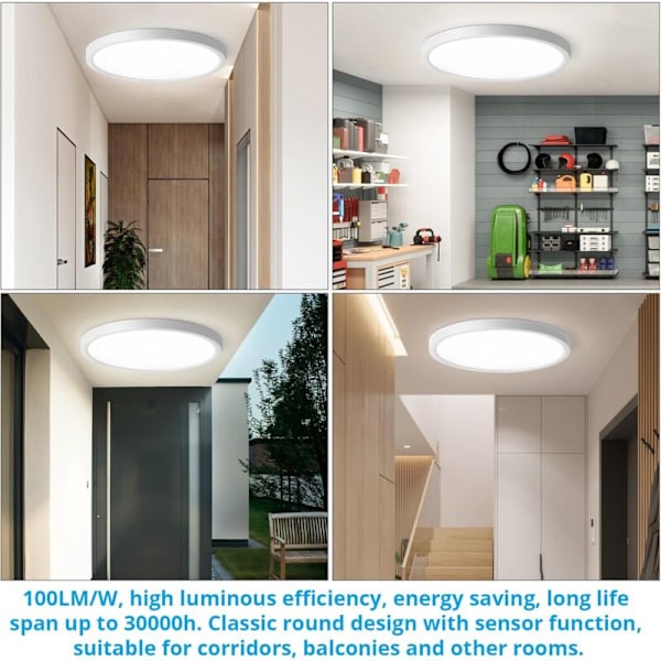 LED Taklampe med Bevegelsessensor Innendørs 30CM, 24W 2400LM Bevegelsessensor Taklampe 6000K, Ganglampe med Bevegelsessensor for Balkong Kjeller