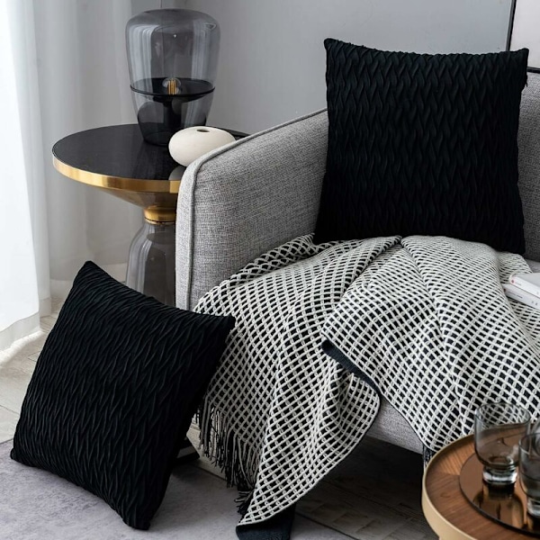 Fløjlsbetræk til puder 45x45cm til stue sofa - Sæt med 2 ensfarvede firkantede pudebetræk til soveværelsesdekoration, Sort
