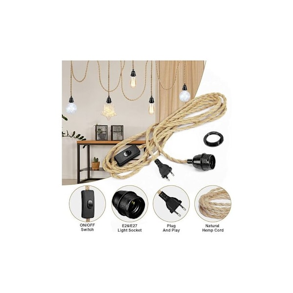 Repslamp, Retro E27-sockel med 4,5 meter eltråd och strömbrytare, för rep-hänglampa (lampa ingår ej)