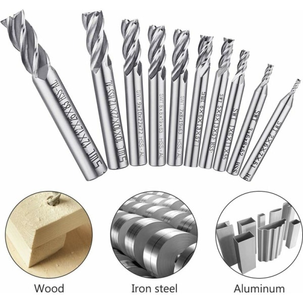 10 stk 4-fløyters bor - 0,2-1,2 cm HSS rett skaft CNC borsett - Borsett for tre, aluminium, stål og titan