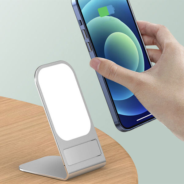 Magnetisk Mobiltelefonholder Skrivebords Trådløs Oplader Vertikal Trådløs Opladning 15W Hurtig Opladning (Sølv)
