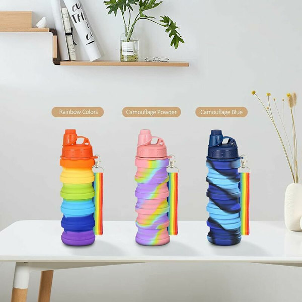 Bærbare sammenleggbare lekkasjesikre silikon vannflasker for barn med skulderstropp for jenter (Iridescent)
