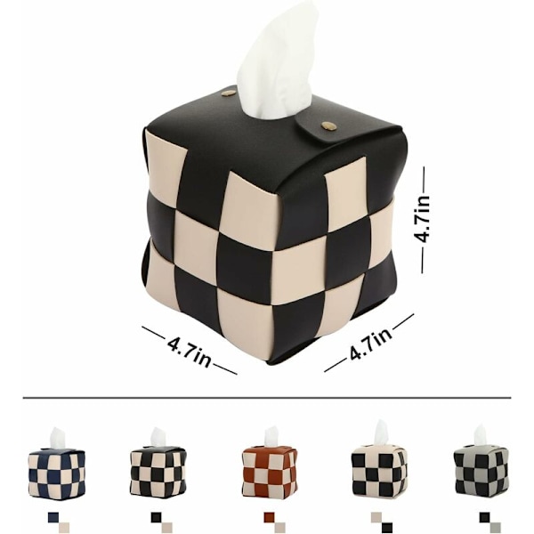 Vævæskeskrin Cover, Kvadratisk Vævæskeskrin Holder, Moderne Vævet PU Læder, Elegant Ternet Design, til Stue, Dekorativ Hylde, Badeværelse (Sort
