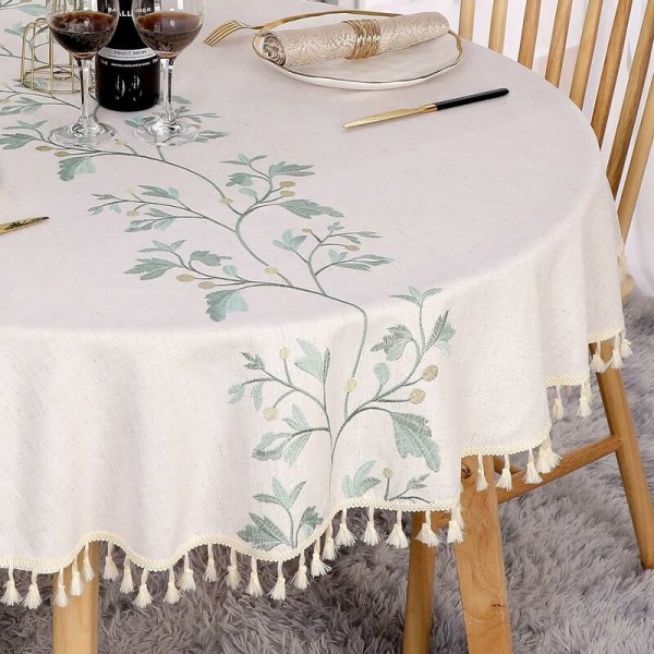 Round Tablecloth 140 cm in Linen & Cotton Anti-Stain Washable Beige Table Cover with Embroidered Green Leaves, Tassels for Birthday, Wedding, Dining