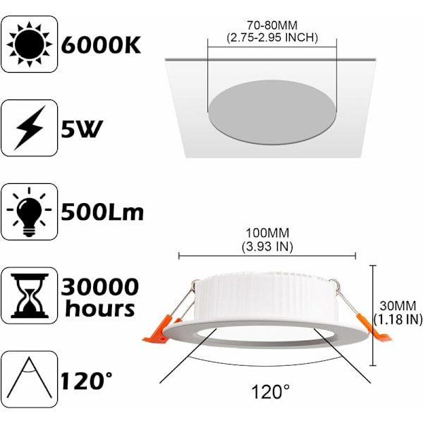 10-pak ekstra flate innfelte LED-spotlights for baderom, hvite IP44 LED, 5W 500LM tilsvarende 50W glødelampe, kald hvit 6000K, AC220-240V, runde innfelte