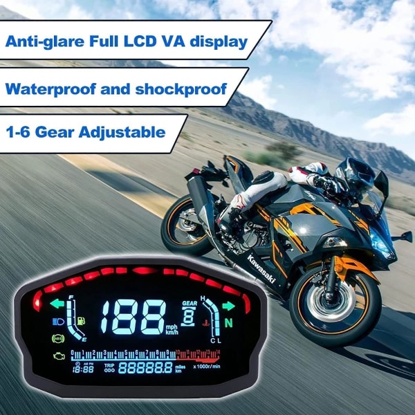 Universal Motorcykel Hastighetsmätare Vägmätare Vägmätare Hastighetsmätare, LED LCD Digital Varvräknare Bakgrundsbelysning Vägmätare för 1, 2, 4 cylindrar