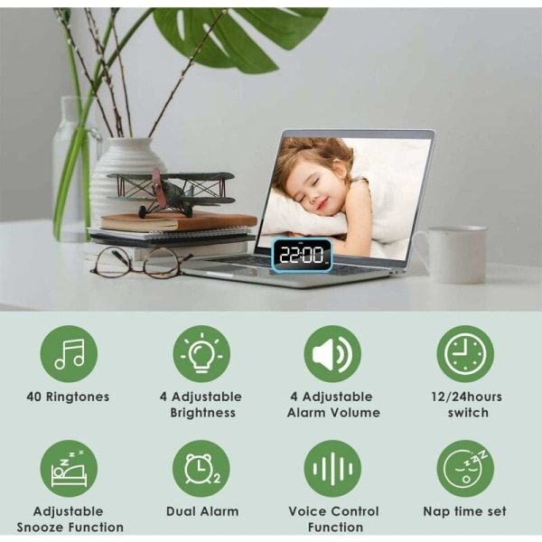 LED Digital Väckarklocka med Snooze-funktion USB Laddningsbar Spegel Yta 12/24H för Sovrum Kontor Blå-Fei Yu