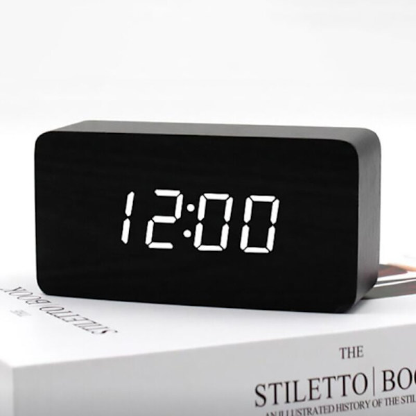 Digital väckarklocka i trä med justerbar ljusstyrka, röststyrning, LED-klocka, rektangulär display, tid, temperatur, heminredning - Sunny