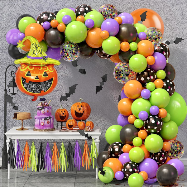 Halloween ballonbue-guirlandesæt, 125 stykker Halloween-balloner med sort, orange, grøn, lilla konfettiballonbuesæt med græskarballoner