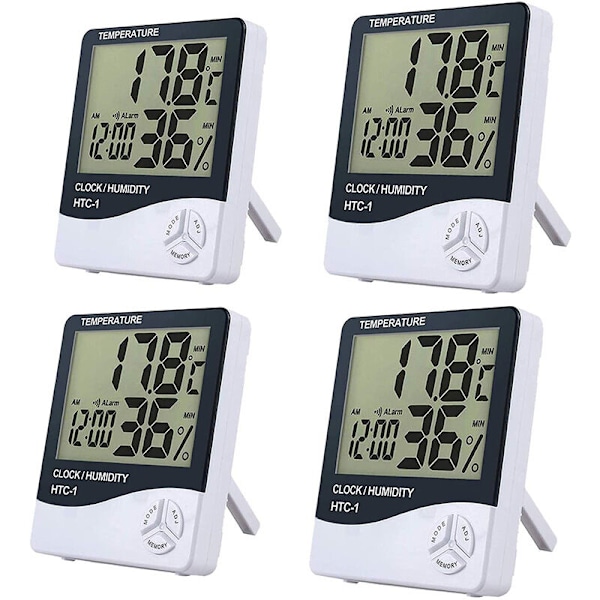 4 stk. Digital Rumtermometer Hygrometer Luftfugtighedsmåler Indendørs LCD Termometer Alarm Temperaturmonitor