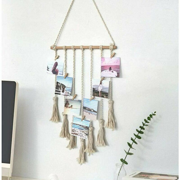 Ripustuskuvakehyksenäyttö, käsityönä valmistettu makrameen ripustuskuvien järjestäjä boho-koti sisustukseen, DIY 25 puuklipsillä (Beige)