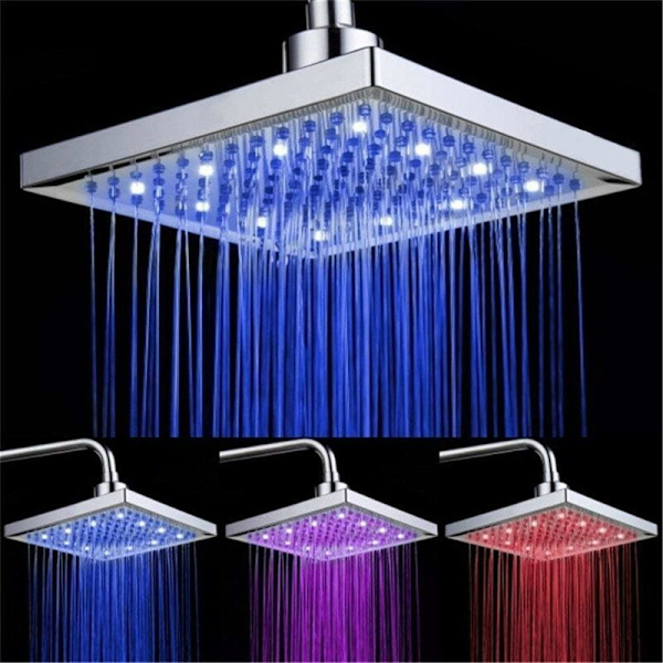 LED Duschhuvud, 8 Tums Kvadratisk Temperaturkontroll, 3 Färgväxlande ABS Kromfinish, LED Duschhuvud för Badrum
