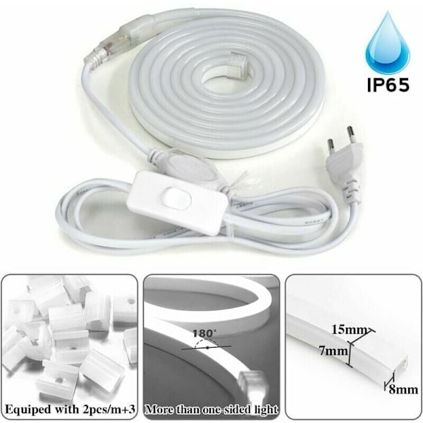 Neon LED-remsa, 2m Kalla Vita LED-ljusremsa, 220V Flexibel Neon LED-remsa, IP65, 120 LED/M, Flexibel Neon LED-remsa för inomhus och utomhus