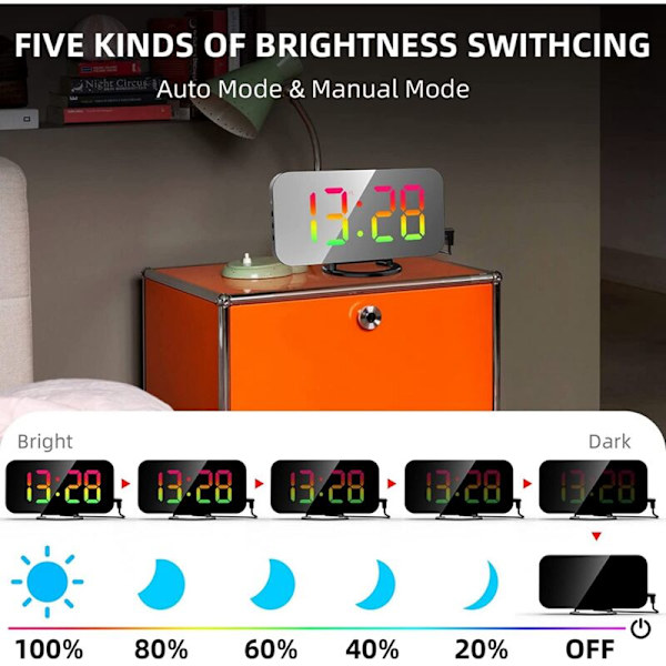RGB digital väckarklocka för sovrum, 6,5 tum HD och spegelscreen med 4 RGB-färgväxling och 7 vanliga färgciffror B