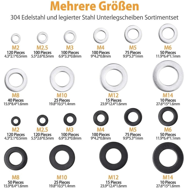 Flade Underlagsskiver - 1300 stk. Flade Underlagsskiver Serie 10 Størrelser Rustfrit Stål Flade Underlagsskiver og Låseskiver Skiveassortiment