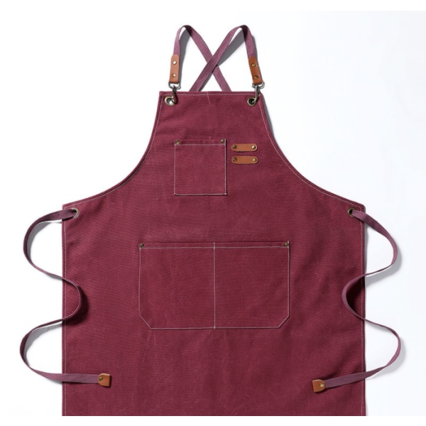Lærredsarbejdsforklæde med justerbar fortykket denimstrop til køkkentræbearbejdning (murstensrød)
