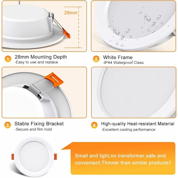 Indbyggede LED-Spots, Pakke med 10, 5W 500 Lumen, Svarer til 50W Glødepære, 4000K Hvid, Ekstra Flade LED-Spots til Badeværelse, Køkken, Stue