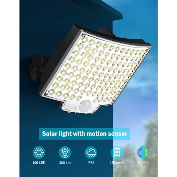 106 LED Solcellslampor för Utomhus med Rörelsesensor, IP65 Vattentät
