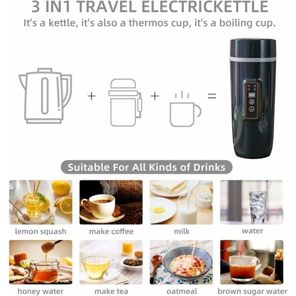 Bärbar vattenkokare, 3-i-1 elektrisk värmekanna, liten resetermoflaska, vattenflaska, värmekopp, vattenflaska, 0,6 L, Smart temperatur C
